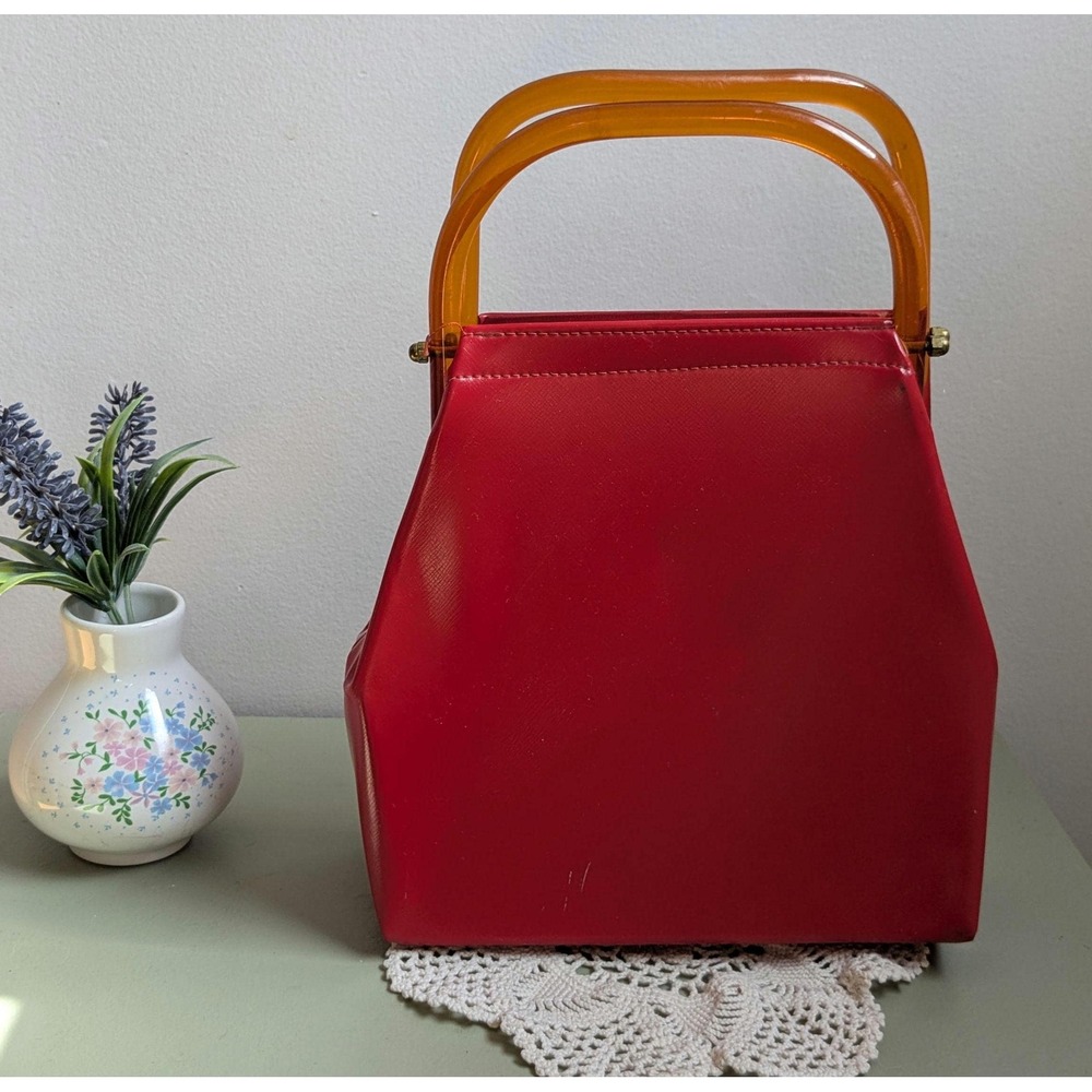 Vintage 1960s Garay Red Handbag Amber Lucite Handles Mod Purse